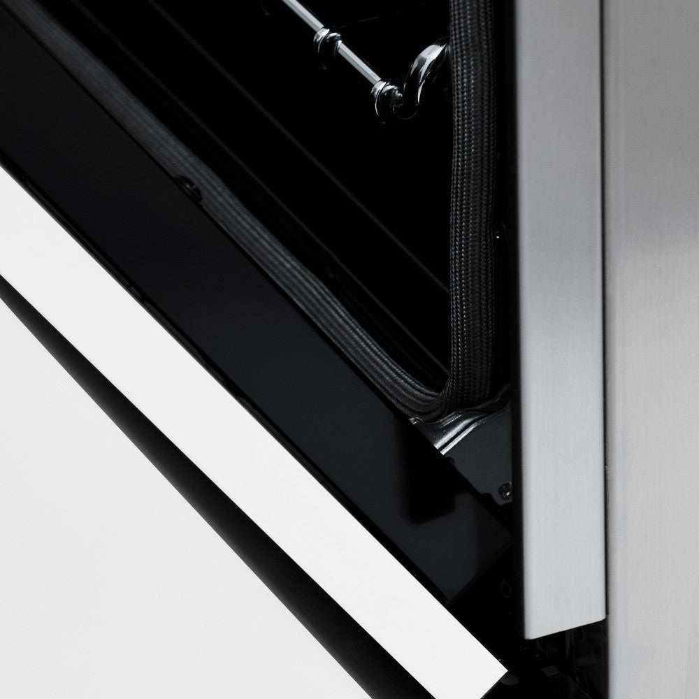 Close-up StayPut Oven Door Hinges on ZLINE 24 in. 2.8 cu. ft. Induction Range with a 4 Element Stove and Electric Oven in White Matte (RAIND-WM-24)