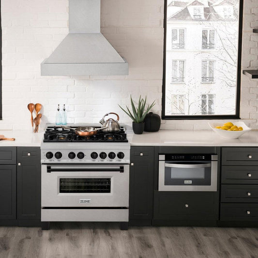 ZLINE Autograph Edition 36 in. 4.6 cu. ft. Legacy Dual Fuel Range with 6 Burner Gas Cooktop and Electric Convection Oven in DuraSnow® Stainless Steel and Matte Black Accents (RASZ-SN-36-MB) front, in a luxury kitchen.