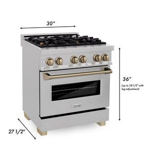 ZLINE Autograph Edition 30 in. 4.0 cu. ft. Legacy Dual Fuel Range with 4 Burner Gas Cooktop and Electric Convection Oven in DuraSnow® Stainless Steel and Champagne Bronze Accents (RASZ-SN-30-CB) dimensional diagram.