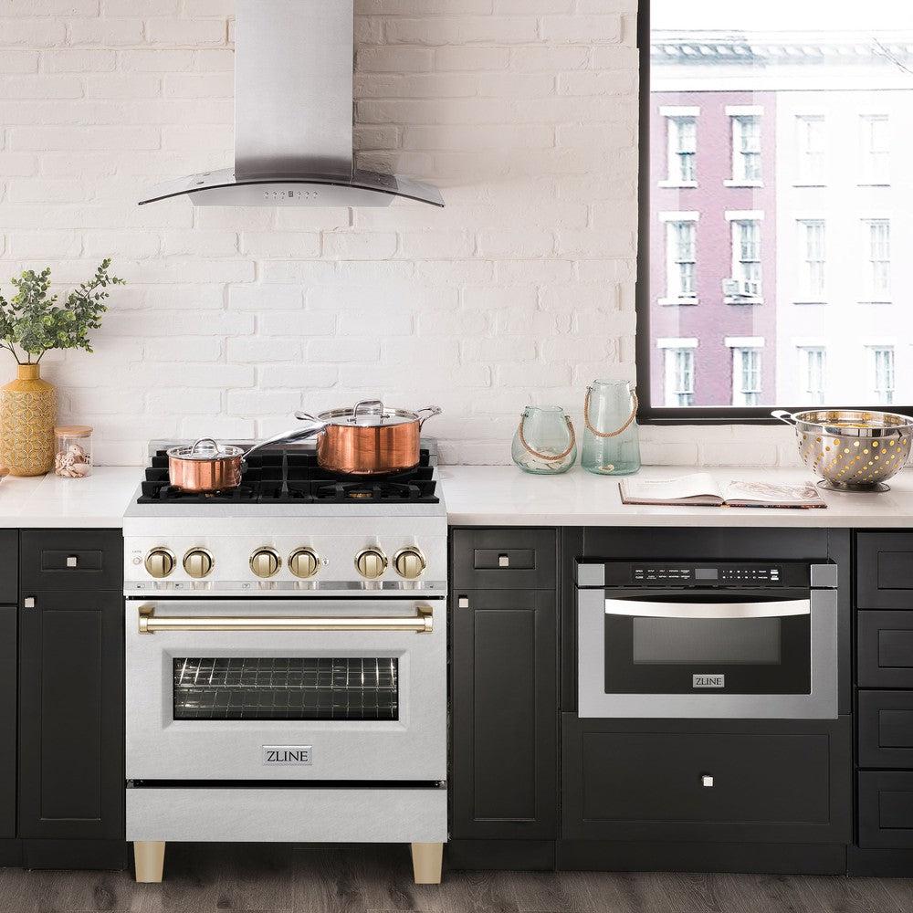 ZLINE Autograph Edition 30 in. 4.0 cu. ft. Dual Fuel Range with Gas Stove and Electric Oven in Fingerprint Resistant Stainless Steel with Polished Gold Accents (RASZ-SN-30-G) in a luxury farmhouse-style kitchen with other ZLINE appliances and plumbing fixtures from front.