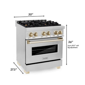 ZLINE Autograph Edition 30 in. 4.0 cu. ft. Legacy Dual Fuel Range with 4 Burner Gas Cooktop and Electric Convection Oven in Stainless Steel and Polished Gold Accents (RAZ-30-G) dimensional diagram.