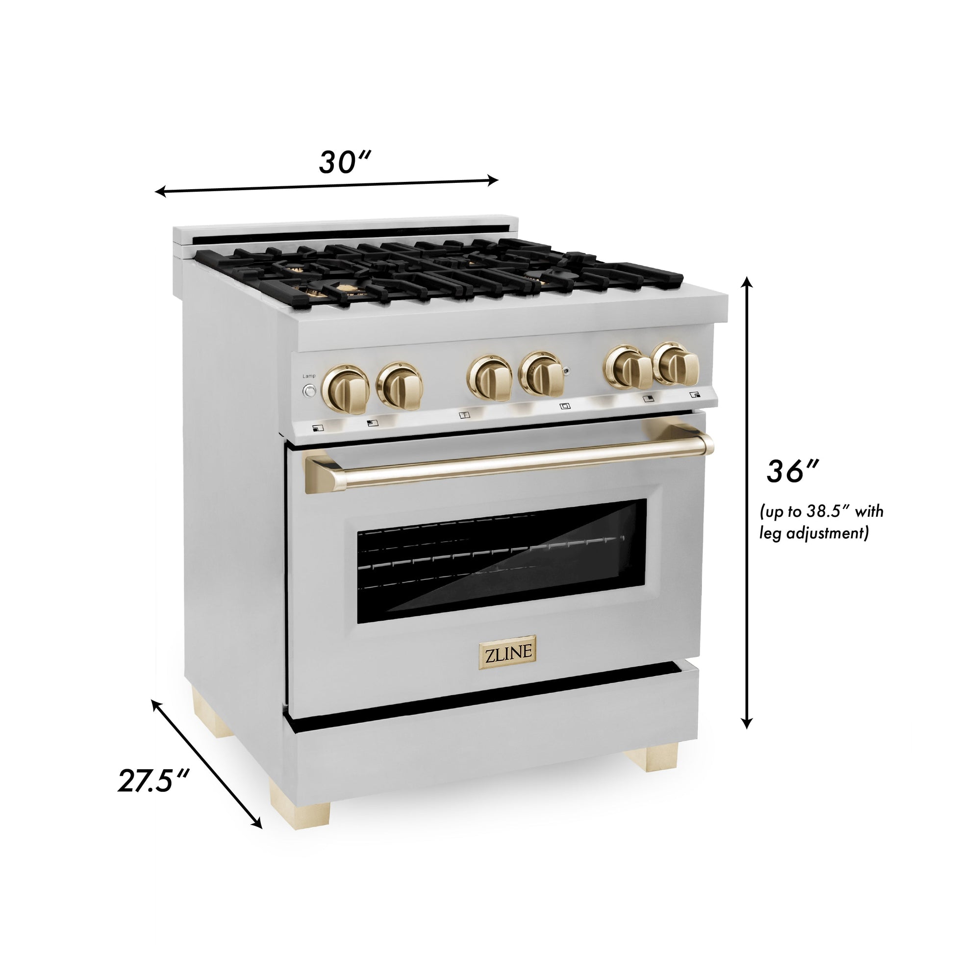 ZLINE Autograph Edition 30 in. 4.0 cu. ft. Dual Fuel Range with Gas Stove and Electric Oven in Stainless Steel with Polished Gold Accents (RAZ-30-G) dimensional diagram with measurements.