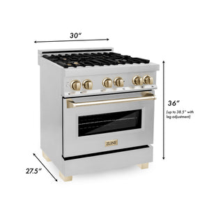 ZLINE Autograph Edition 30 in. 4.0 cu. ft. Dual Fuel Range with Gas Stove and Electric Oven in Stainless Steel with Polished Gold Accents (RAZ-30-G) dimensional diagram with measurements.