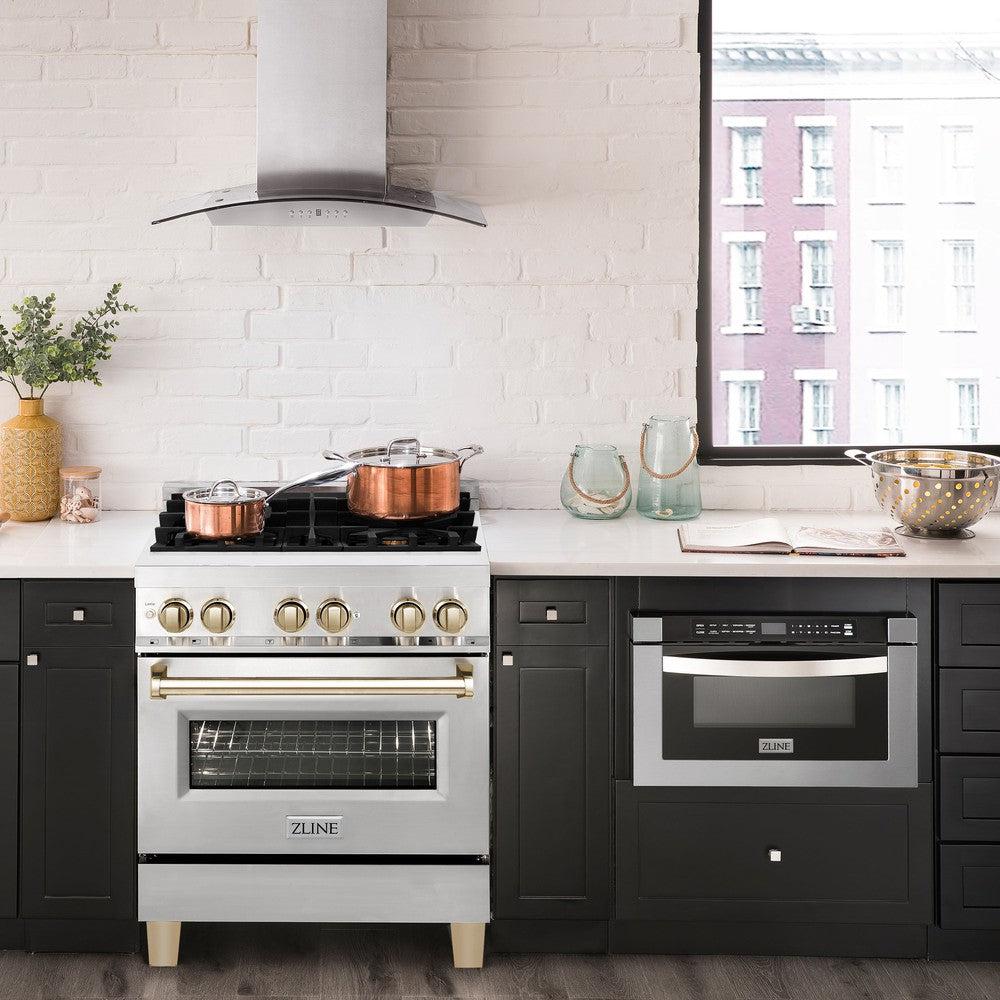 ZLINE Autograph Edition 30 in. 4.0 cu. ft. Dual Fuel Range with Gas Stove and Electric Oven in Stainless Steel with Polished Gold Accents (RAZ-30-G) in a luxury farmhouse-style kitchen with other ZLINE appliances and plumbing fixtures from front.