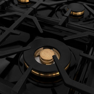 ZLINE Autograph Edition 60 in. 7.4 cu. ft. Legacy Dual Fuel Range with 9 Burner Gas Cooktop and 2 Electric Convection Ovens in Stainless Steel and Polished Gold Accents (RAZ-60-G) burners and grates.