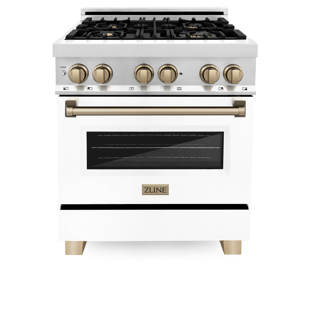 ZLINE Autograph Edition 30 in. 4.0 cu. ft. Legacy Dual Fuel Range with 4 Burner Gas Cooktop and Electric Convection Oven in Stainless Steel with White Matte Door and Champagne Bronze Accents (RAZ-WM-30-CB) front, oven closed.