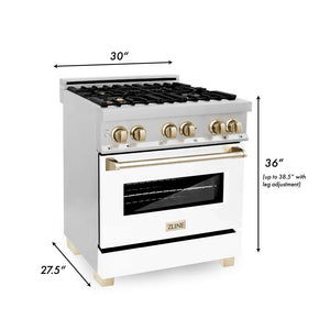 ZLINE Autograph Edition 30 in. Range with Polished Gold accents dimensional graphic with measurements.