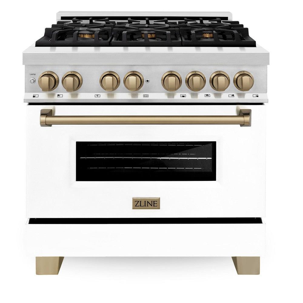 ZLINE Autograph Edition 36 in. 4.6 cu. ft. Legacy Dual Fuel Range with 6 Burner Gas Cooktop and Electric Convection Oven in Stainless Steel with White Matte Door and Champagne Bronze Accents (RAZ-WM-36-CB) front, oven closed.