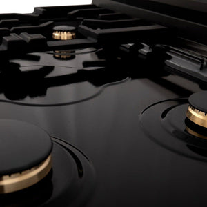 ZLINE Autograph Edition 30 in. Legacy Gas Rangetop with 4 Burners and Porcelain Cooktop in Black Stainless Steel with Polished Gold Accents (RTBZ-30-G) brass burners on black porcelain cooktop with no grates.