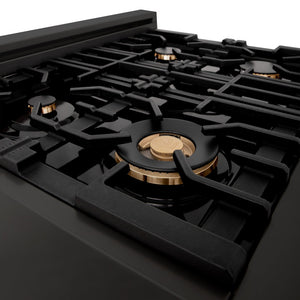 ZLINE Autograph Edition 30 in. Legacy Gas Rangetop with 4 Burners and Porcelain Cooktop in Black Stainless Steel with Polished Gold Accents (RTBZ-30-G) brass burners on black porcelain cooktop with cast-iron grates.