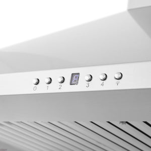 ZLINE Wall Mount Range Hood in Stainless Steel with Built-in CrownSound Bluetooth Speakers (KF1CRN-BT) close-up, buttons and display.