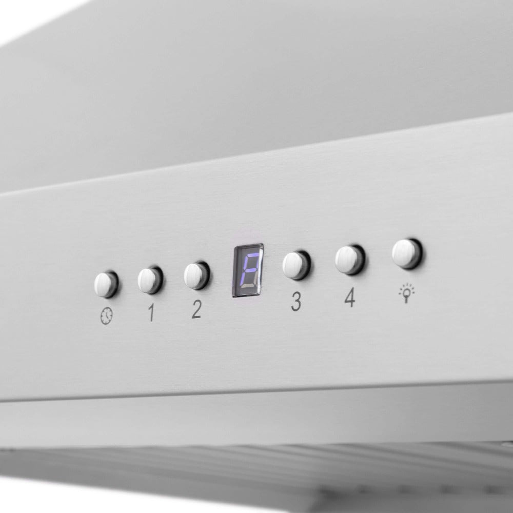 ZLINE Wall Mount Range Hood in Stainless Steel with Built-in CrownSound Bluetooth Speakers (KF2CRN-BT) close-up, buttons and display.