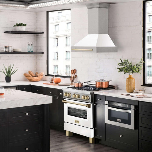 ZLINE Autograph Edition 30 in. Fingerprint Resistant Stainless Steel Range Hood with White Matte Shell and Accented Handle (8654SNZ-WM30) lifestyle image from side in a luxury kitchen.