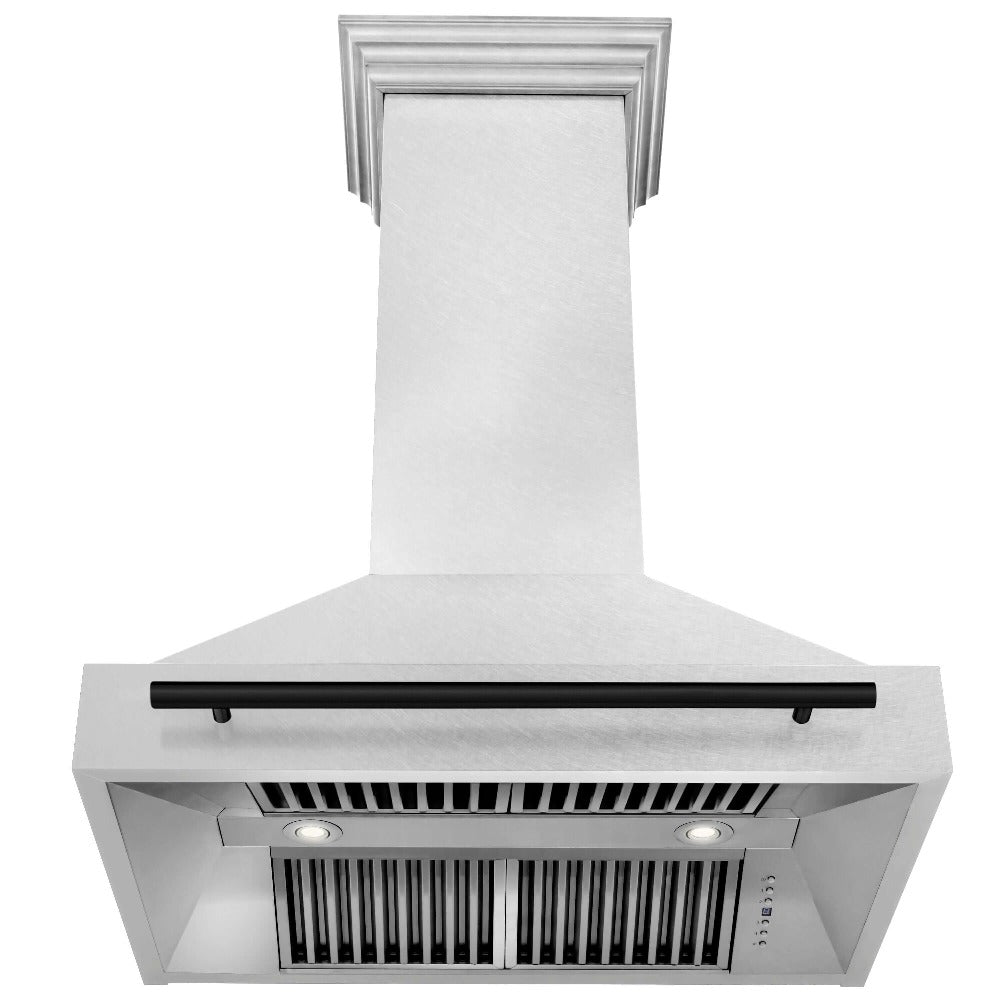 ZLINE Autograph Edition 36 in. Fingerprint Resistant Stainless Steel Range Hood with Stainless Steel Shell and Colored Handle (8654SNZ-36) Matte Black, front, under.