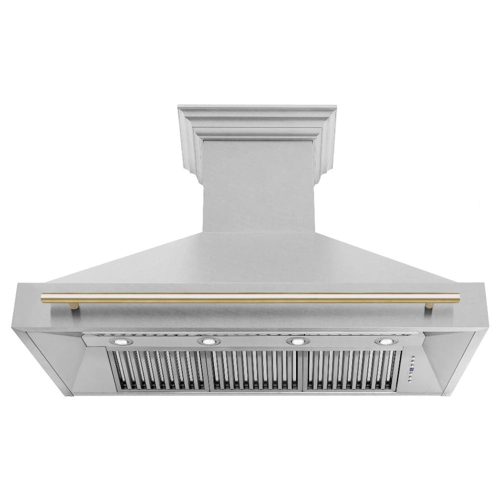 ZLINE Autograph Edition 48 in. Fingerprint Resistant Stainless Steel Range Hood (8654SNZ-48) Polished Gold, front, under.