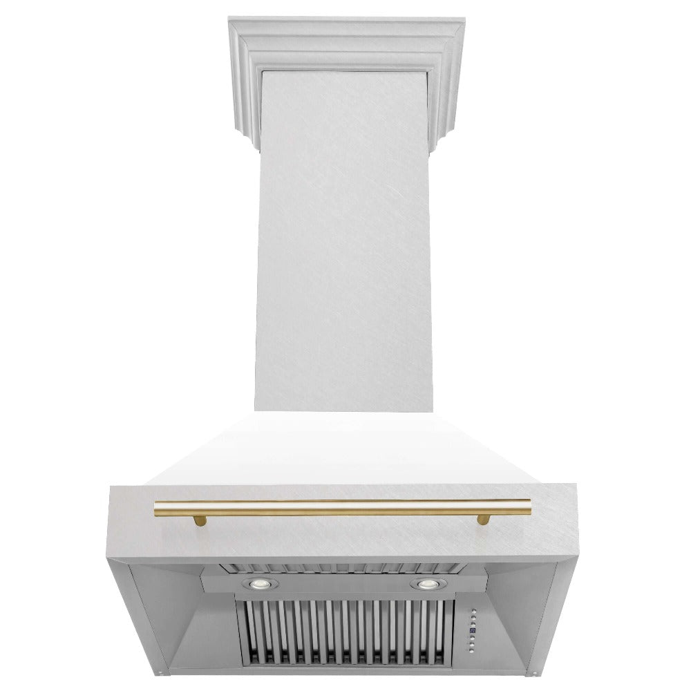 ZLINE Autograph Edition 30 in. Fingerprint Resistant Stainless Steel Range Hood with White Matte Shell and Accented Handle (8654SNZ-WM30) Polished Gold, front, under.