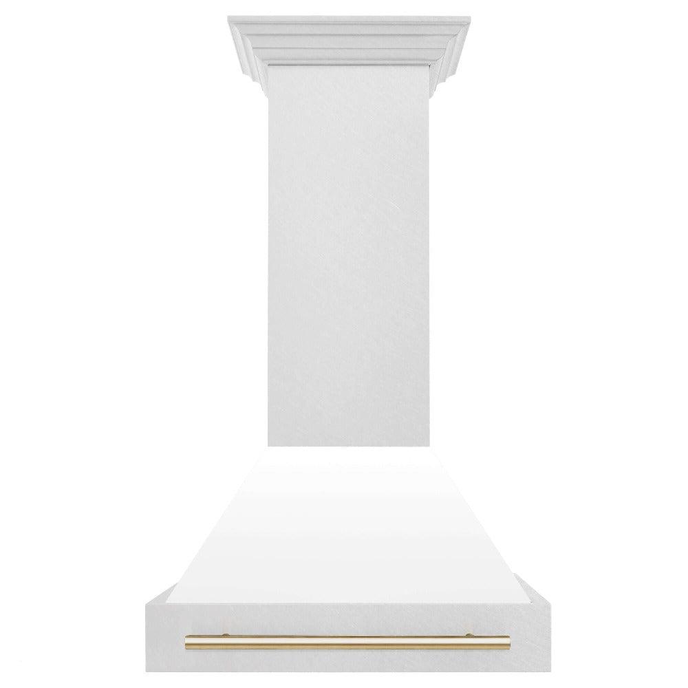 ZLINE Autograph Edition 30 in. Fingerprint Resistant Stainless Steel Range Hood with White Matte Shell and Accented Handle (8654SNZ-WM30) Polished Gold, front.