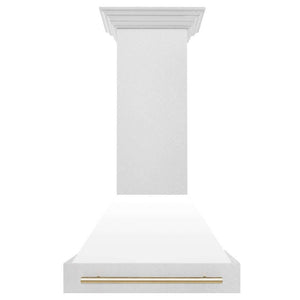 ZLINE Autograph Edition 30 in. Fingerprint Resistant Stainless Steel Range Hood with White Matte Shell and Accented Handle (8654SNZ-WM30) Polished Gold, front.