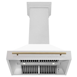 ZLINE Autograph Edition 36 in. Fingerprint Resistant Stainless Steel Range Hood with White Matte Shell and Accented Handle (8654SNZ-WM36) Champagne Bronze, front, under.