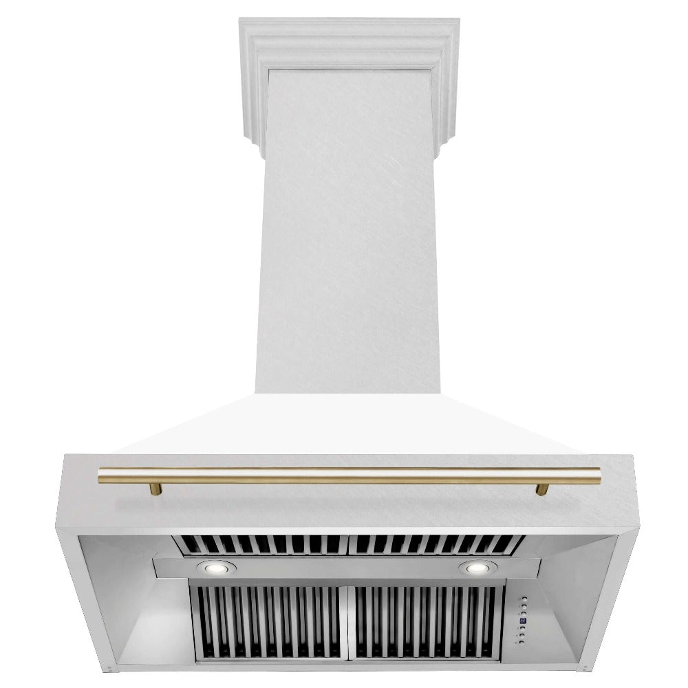 ZLINE Autograph Edition 36 in. Fingerprint Resistant Stainless Steel Range Hood with White Matte Shell and Accented Handle (8654SNZ-WM36) Polished Gold, front, under.