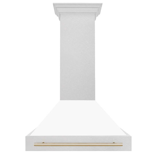 ZLINE Autograph Edition 36 in. Fingerprint Resistant Stainless Steel Range Hood with White Matte Shell and Accented Handle (8654SNZ-WM36) Polished Gold, front.