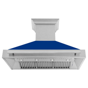 ZLINE 48 in. Fingerprint Resistant Stainless Steel Range Hood with Blue Gloss shell front under.