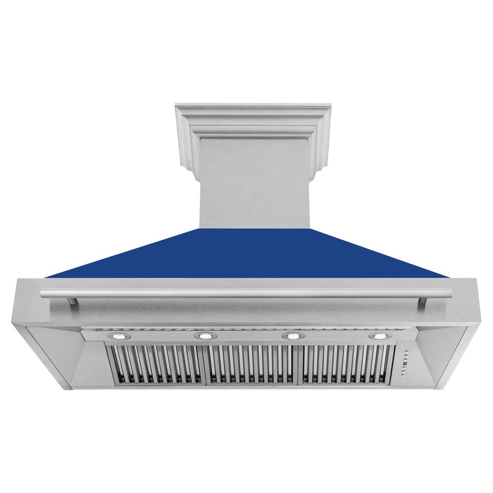 ZLINE 48 in. Fingerprint Resistant Stainless Steel Range Hood with Blue Matte shell front under.