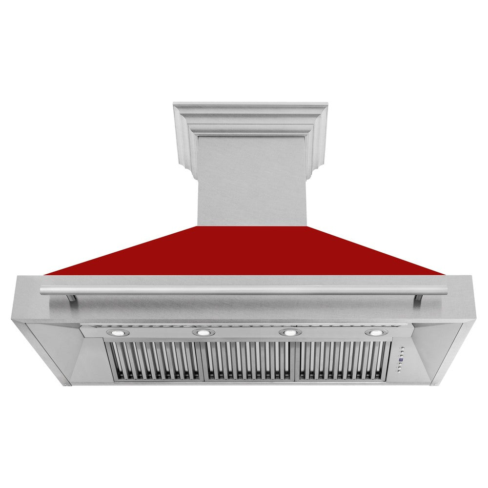 ZLINE 48 in. Fingerprint Resistant Stainless Steel Range Hood with Red Gloss shell front under.