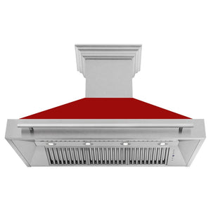 ZLINE 48 in. Fingerprint Resistant Stainless Steel Range Hood with Red Gloss shell front under.