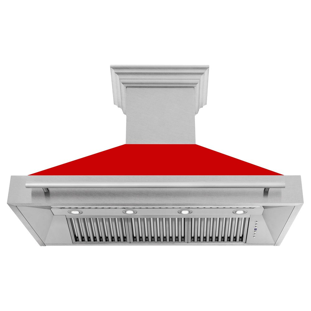 ZLINE 48 in. Fingerprint Resistant Stainless Steel Range Hood with Red Matte shell front under.