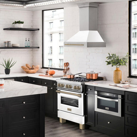 ZLINE Autograph Edition 30 in. 4.0 cu. ft. Dual Fuel Range with Gas Stove and Electric Oven in Stainless Steel with White Matte Door and Champagne Bronze Accents (RAZ-WM-30-CB) lifestyle image from side in a luxury kitchen.