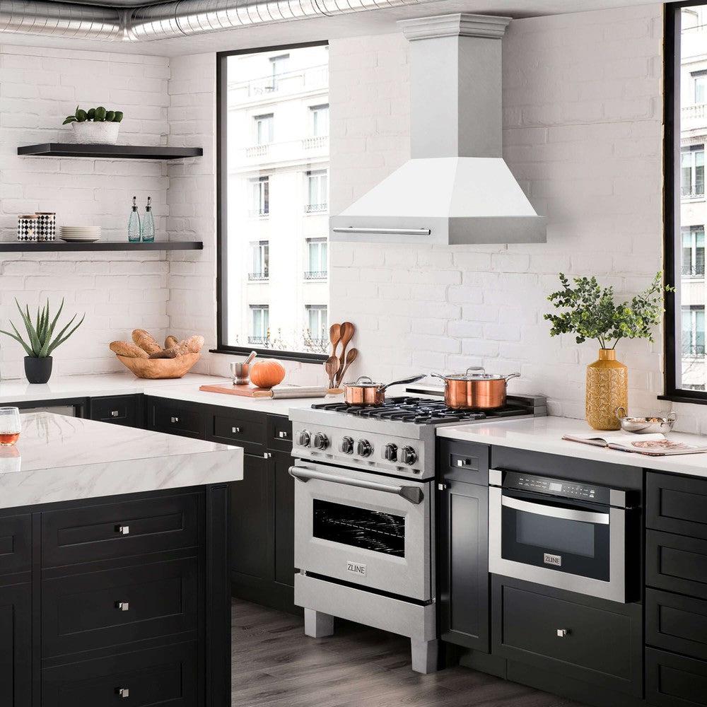 ZLINE 30 in. Fingerprint Resistant Stainless Steel Range Hood with Color Shell Options (8654SNX-30) lifestyle image from side in a luxury kitchen.