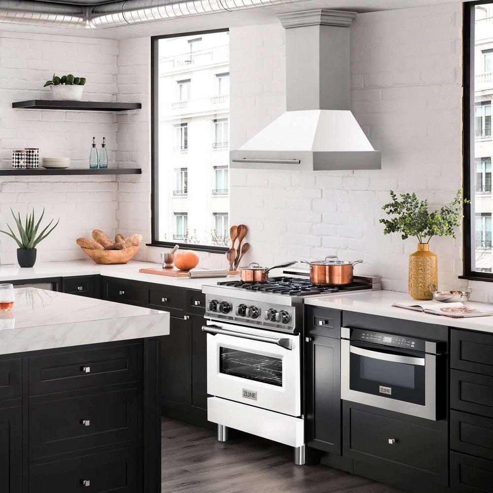 ZLINE 30 in. Stainless Steel Range Hood with Colored Shell Options and Stainless Steel Handle (8654STX-30) lifestyle image from side in a luxury kitchen.