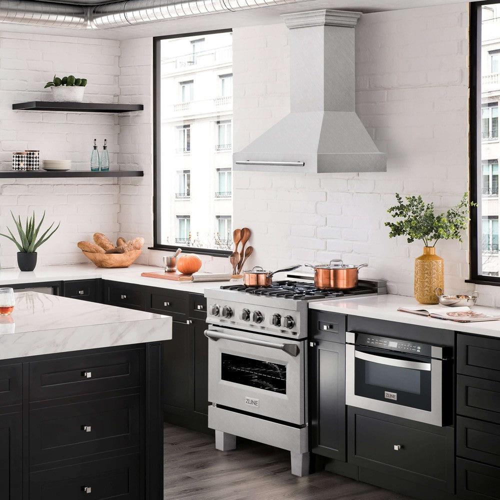 ZLINE 30 in. Fingerprint Resistant Stainless Steel Range Hood with Color Shell Options (8654SNX-30) lifestyle image from side in a luxury kitchen.