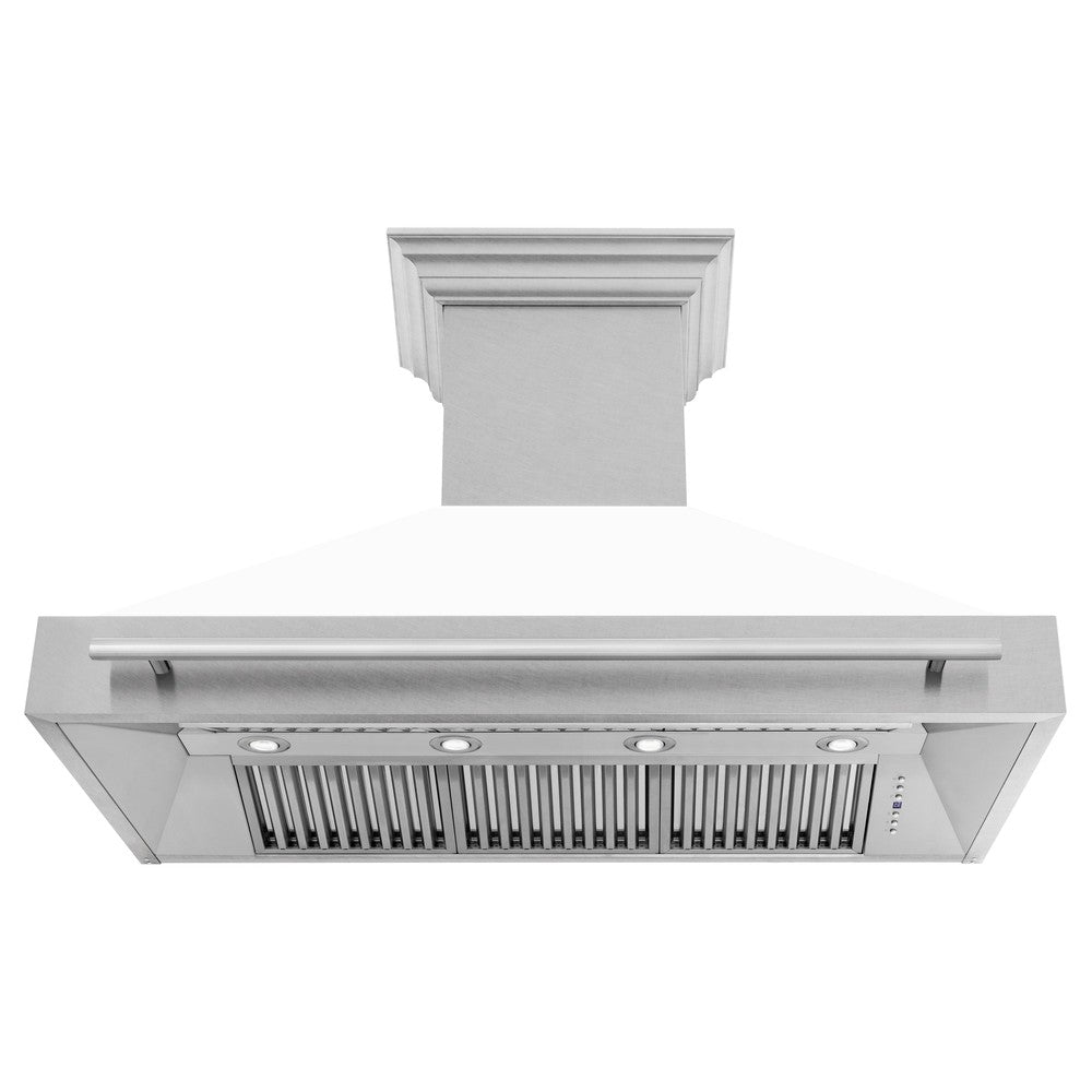 ZLINE 48 in. Fingerprint Resistant Stainless Steel Range Hood with White Matte shell front under.