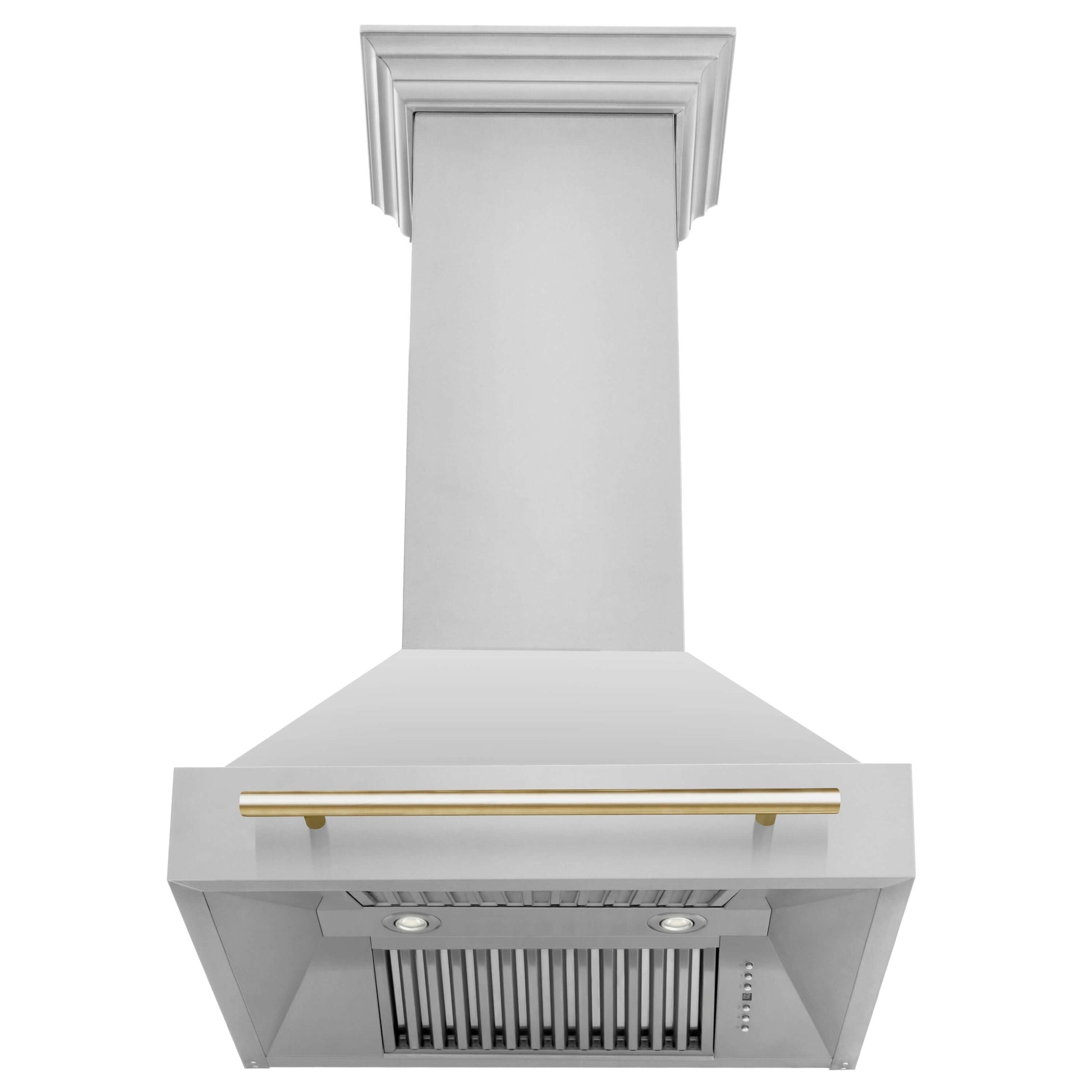 ZLINE Autograph Edition Stainless Steel Range Hood with Stainless Steel Shell and Polished Gold Handle (8654STZ-G) front, under.