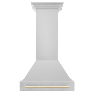 ZLINE Autograph Edition 30 in. Stainless Steel Range Hood with Stainless Steel Shell and Polished Gold Handle (8654STZ-30-G) front.