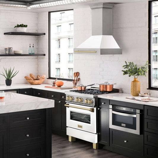 ZLINE Autograph Edition 30 in. Stainless Steel Range Hood with White Matte Shell and Accents (8654STZ-WM30) lifestyle image from side in a luxury kitchen.