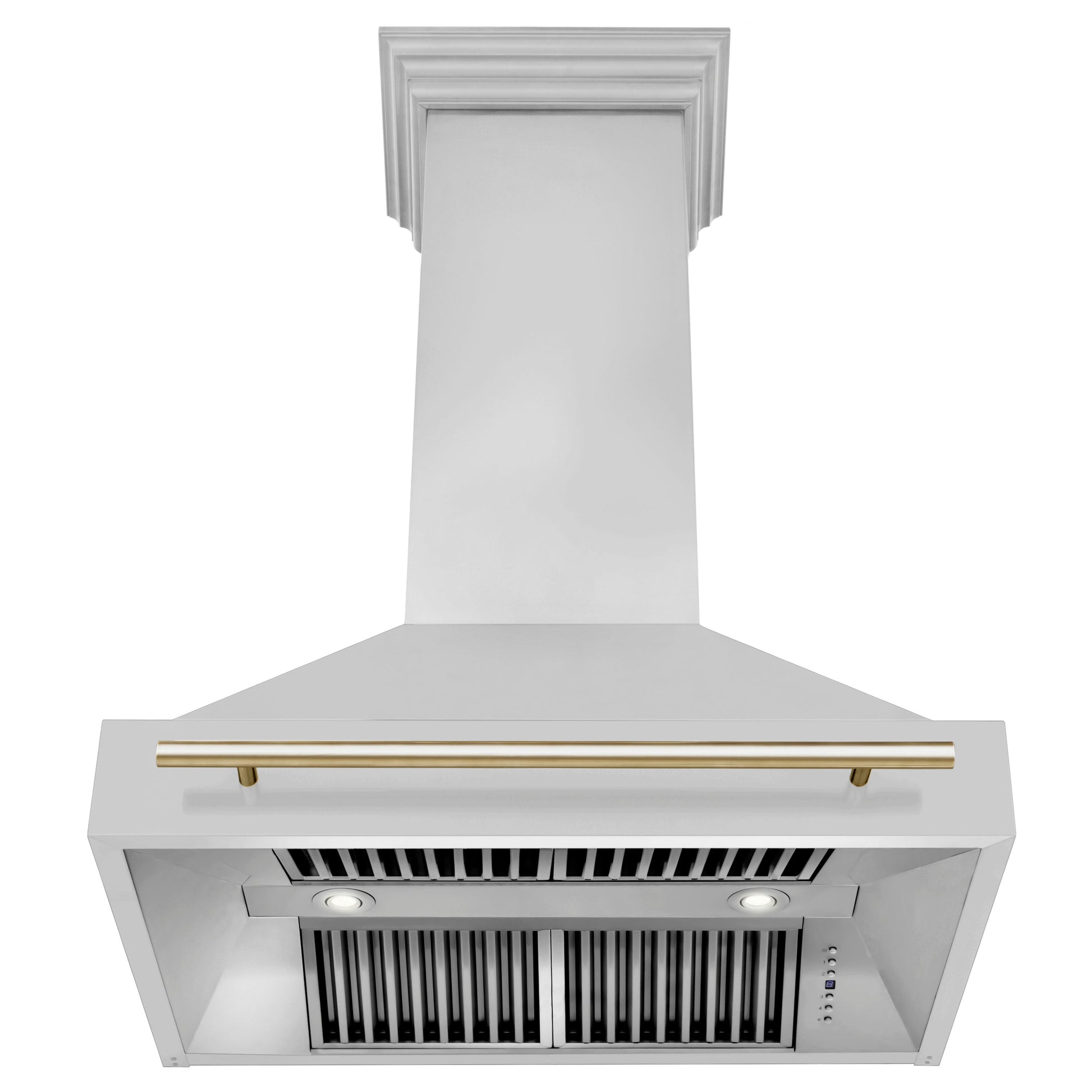 ZLINE Autograph Edition 36 in. Stainless Steel Range Hood with Stainless Steel Shell and Polished Gold Handle (8654STZ-36-G) front, under.