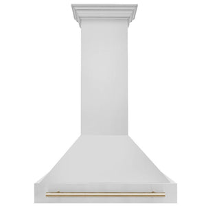 ZLINE Autograph Edition 36 in. Stainless Steel Range Hood with Stainless Steel Shell and Polished Gold Handle (8654STZ-36-G) front.