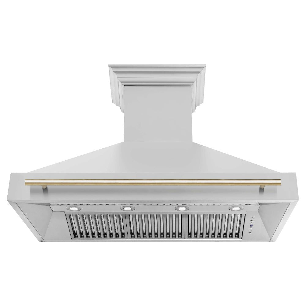 ZLINE Autograph Edition 48 in. Stainless Steel Range Hood with Stainless Steel Shell and Polished Gold Handle (8654STZ-48-G) Polished Gold, front, under.