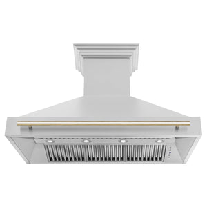 ZLINE Autograph Edition Stainless Steel Range Hood with Stainless Steel Shell and Polished Gold Handle (8654STZ-G) front, under.