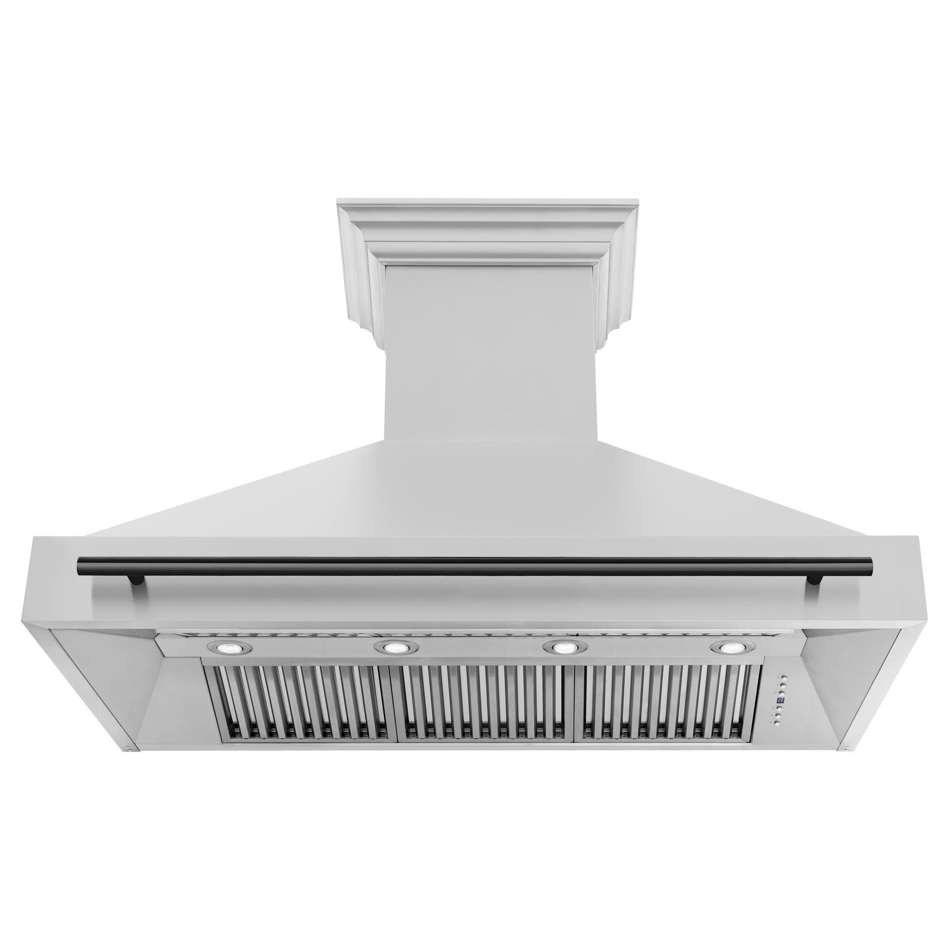 ZLINE Autograph Edition 48 in. Stainless Steel Range Hood with Stainless Steel Shell and Matte Black Handle (8654STZ-48-MB) front, under.