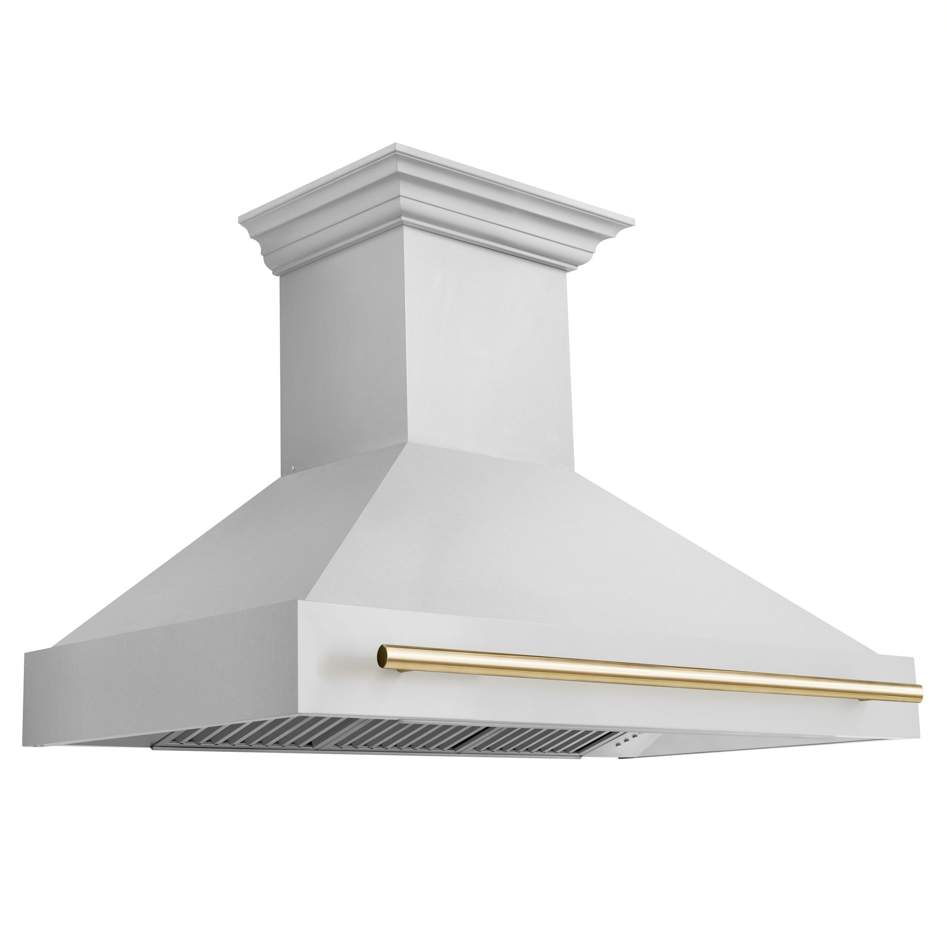 ZLINE Autograph Edition Stainless Steel Range Hood with Stainless Steel Shell and Polished Gold Handle (8654STZ-G) side.