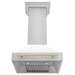 ZLINE Autograph Edition 30 in. Kitchen Package with Stainless Steel Dual Fuel Range with White Matte Door and Range Hood with Polished Gold Accents (2AKP-RAWMRH30-G) 