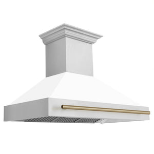 ZLINE Autograph Edition 48 in. Kitchen Package with Stainless Steel Dual Fuel Range with White Matte Door, Range Hood and Dishwasher with Champagne Bronze Accents (3AKP-RAWMRHDWM48-CB) 