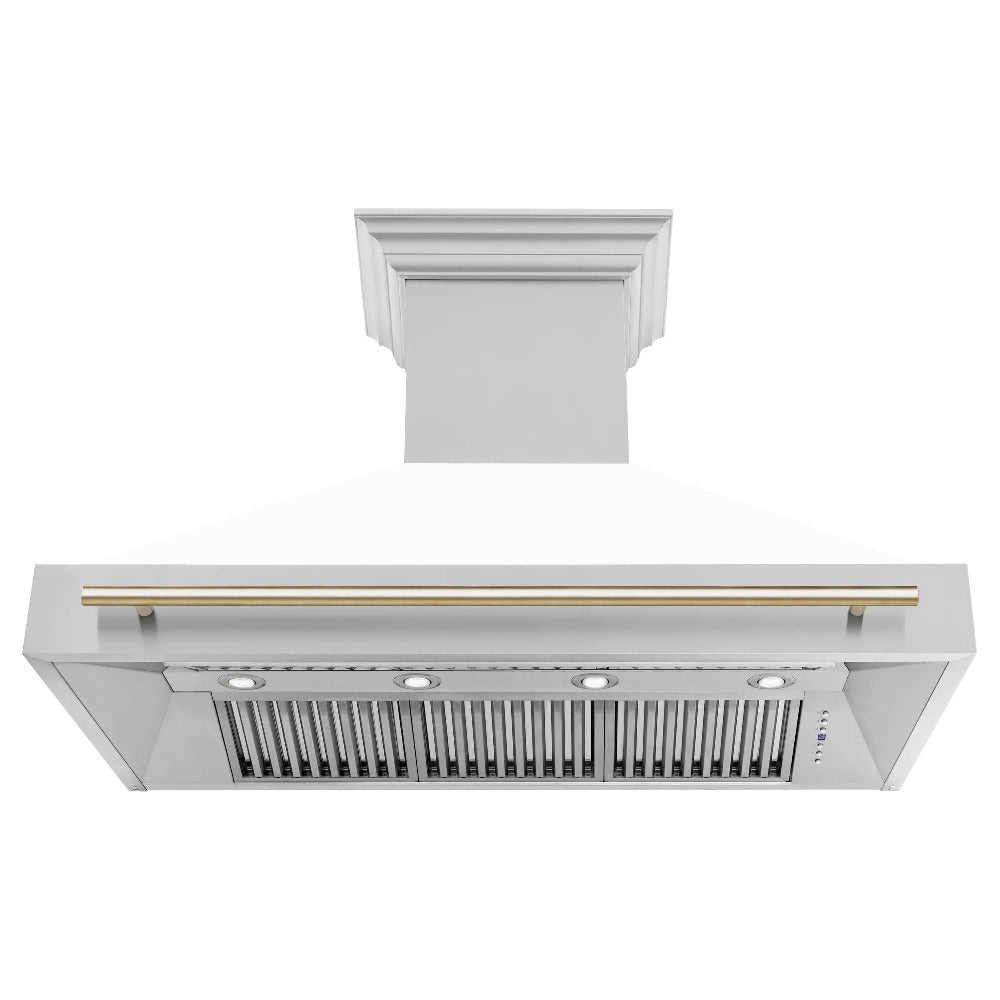 ZLINE Autograph Edition 48 in. Stainless Steel Range Hood with White Matte Shell and Handle (8654STZ-WM48) Polished Gold, front, under.