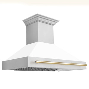 ZLINE Autograph Edition 48 in. Kitchen Package with Stainless Steel Dual Fuel Range with White Matte Door and Range Hood with Polished Gold Accents (2AKP-RAWMRH48-G) 