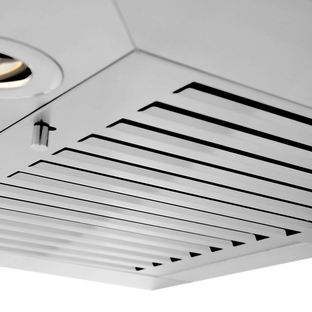 ZLINE Convertible Vent Wall Mount Range Hood in Stainless Steel (KB) close-up, baffle filters.