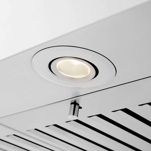 ZLINE Convertible Vent Wall Mount Range Hood in Stainless Steel (KB) close-up, built-in LED light.
